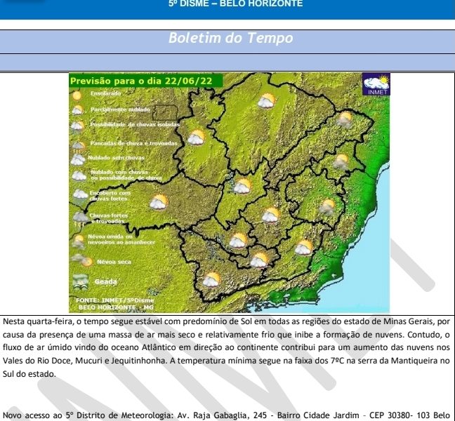 Previsão do tempo para Minas Gerais nesta quarta-feira, 22 de junho