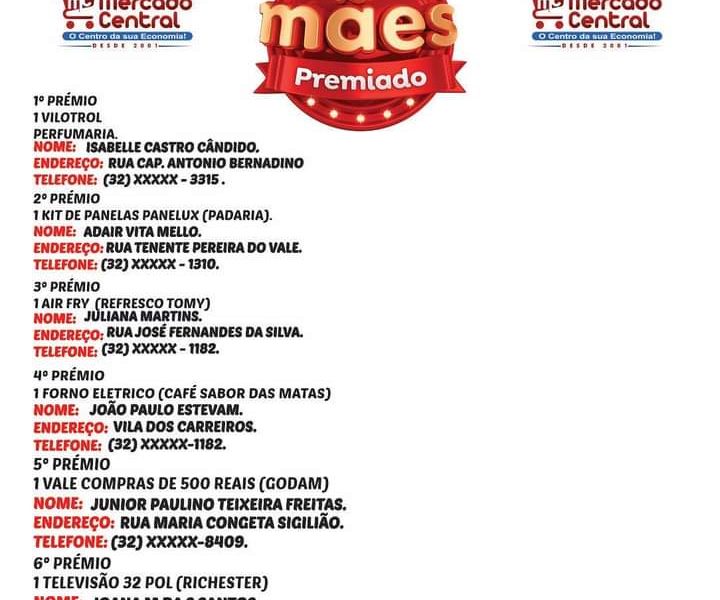 Confira os ganhadores do sorteio de dia das mães do Mercado Central.