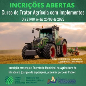 Secretaria de Agricultura está com inscrições abertas para curso de Trator Agrícola