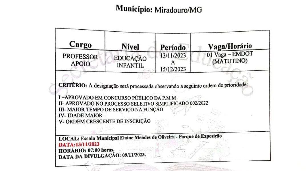 Secretaria de educação de Miradouro divulga edital de designação para professor de apoio na educação 