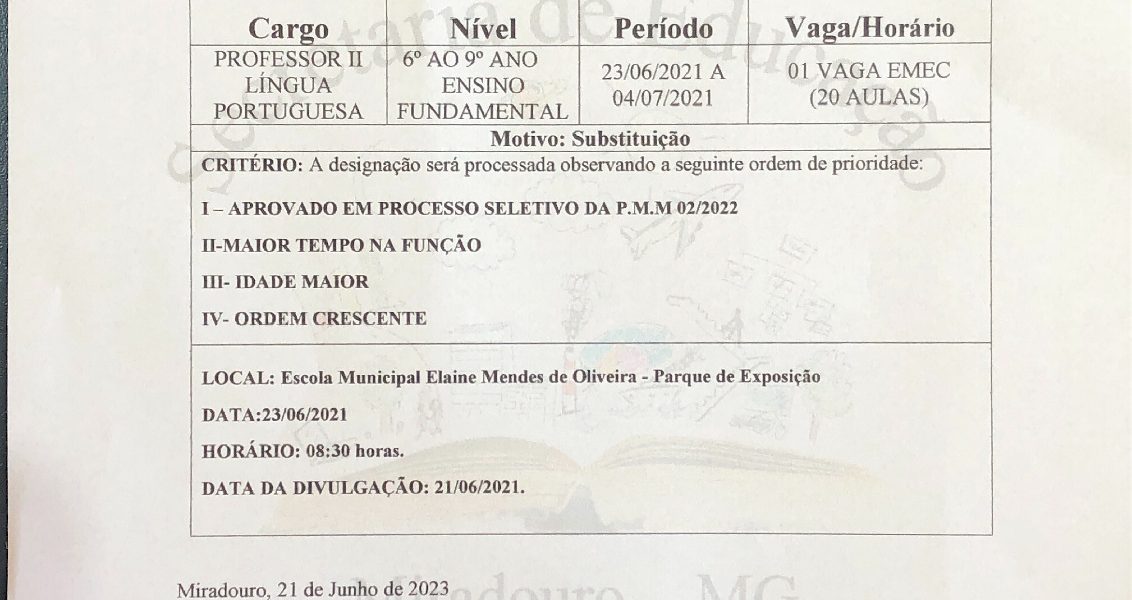 Secretaria de Educação de Miradouro divulga edital de designação