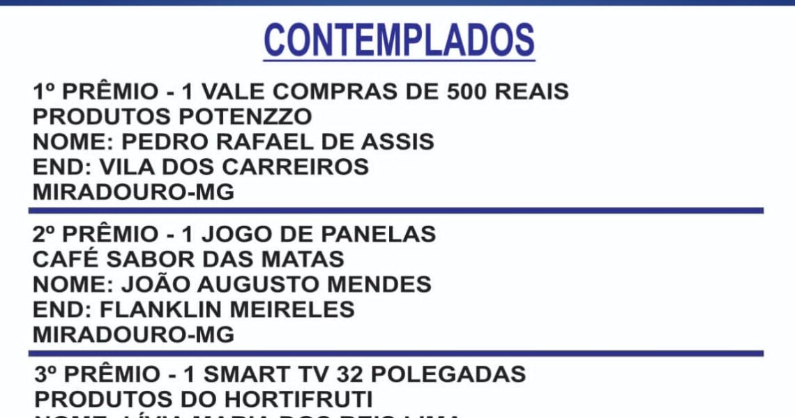 Confiram os contemplados do Aniversário do Mercado Central de Miradouro
