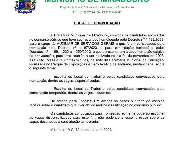 Secretaria de Educação de Miradouro divulga edital de convocação para reunião